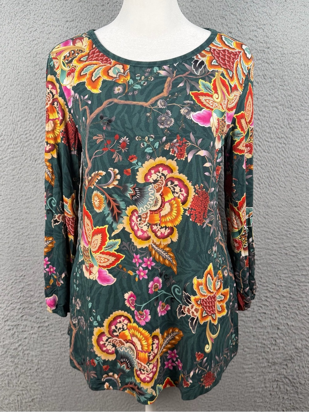 Johnny Was Top Women Small Green Orizaba Floral Puff Sleeve Bohemian Preppy